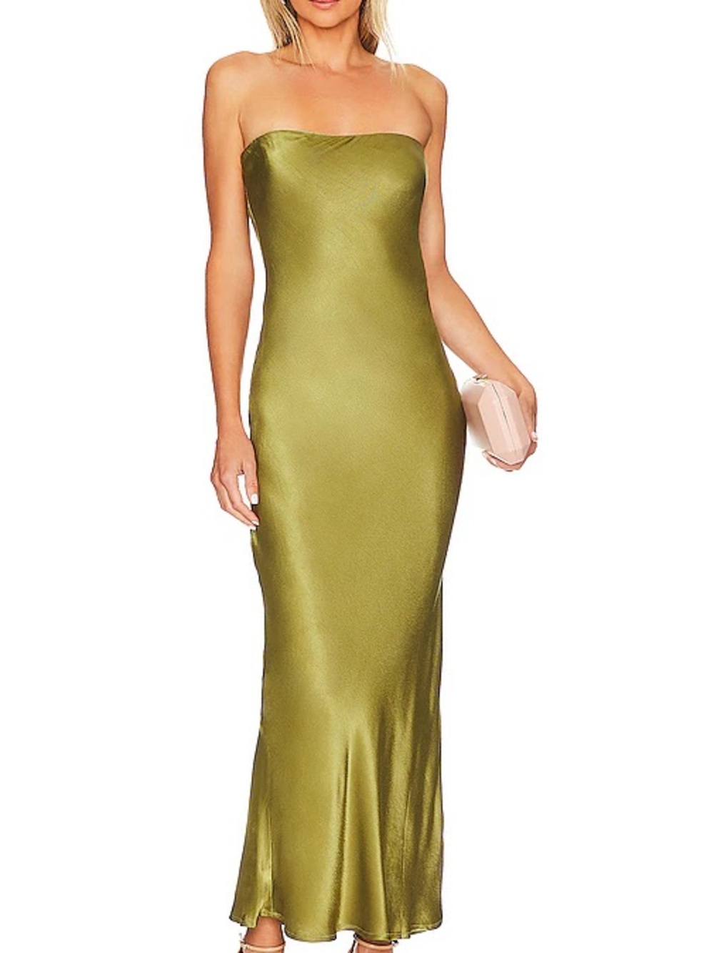 SNDYS. x REVOLVE Chartreuse Green Strapless Satin Column Shift Sheath Dress Sz 6